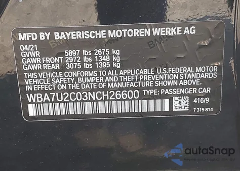 2022 BMW 750 I xDrive from USA, damaged, VIN WBA7U2C03NCH26600